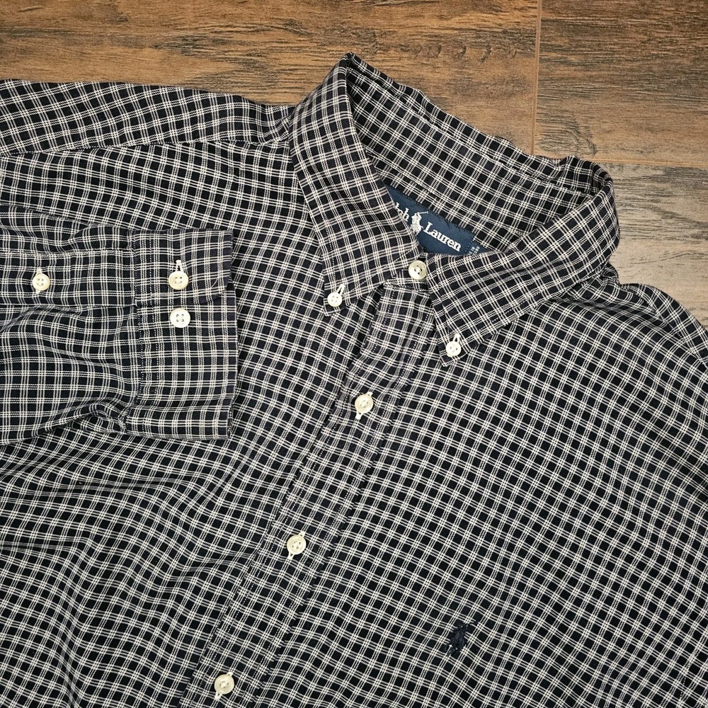 Ralph Lauren Yarmouth Shirt Mens 17 Navy Blue Plaid Long Sleeve Button Down